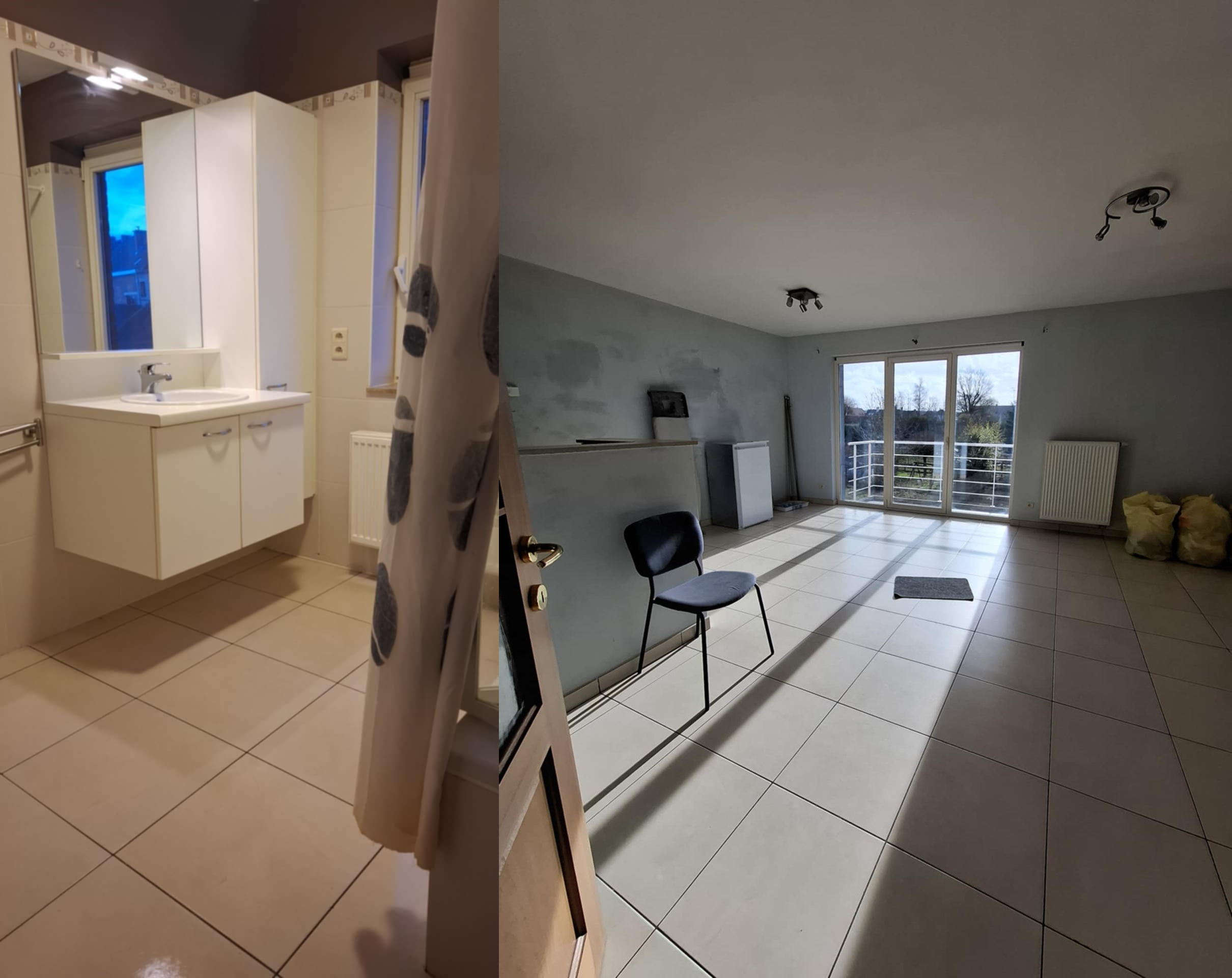 Avant apres de nettoyage d appartement a Ath : salle de bain et sejour